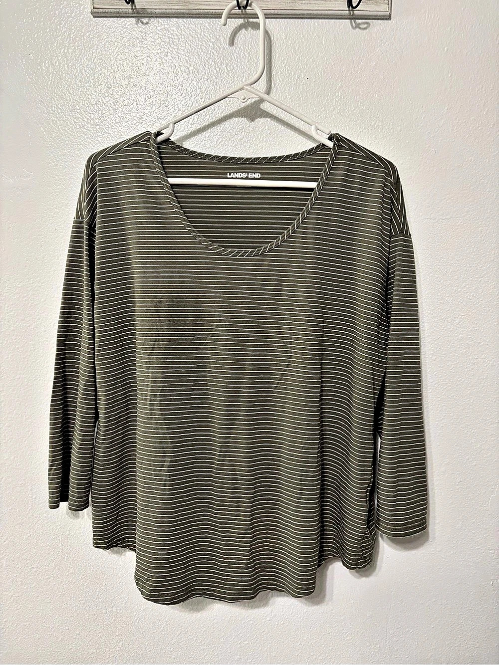 LANDS' END Striped Long Sleeve Top in Green & White Size Medium